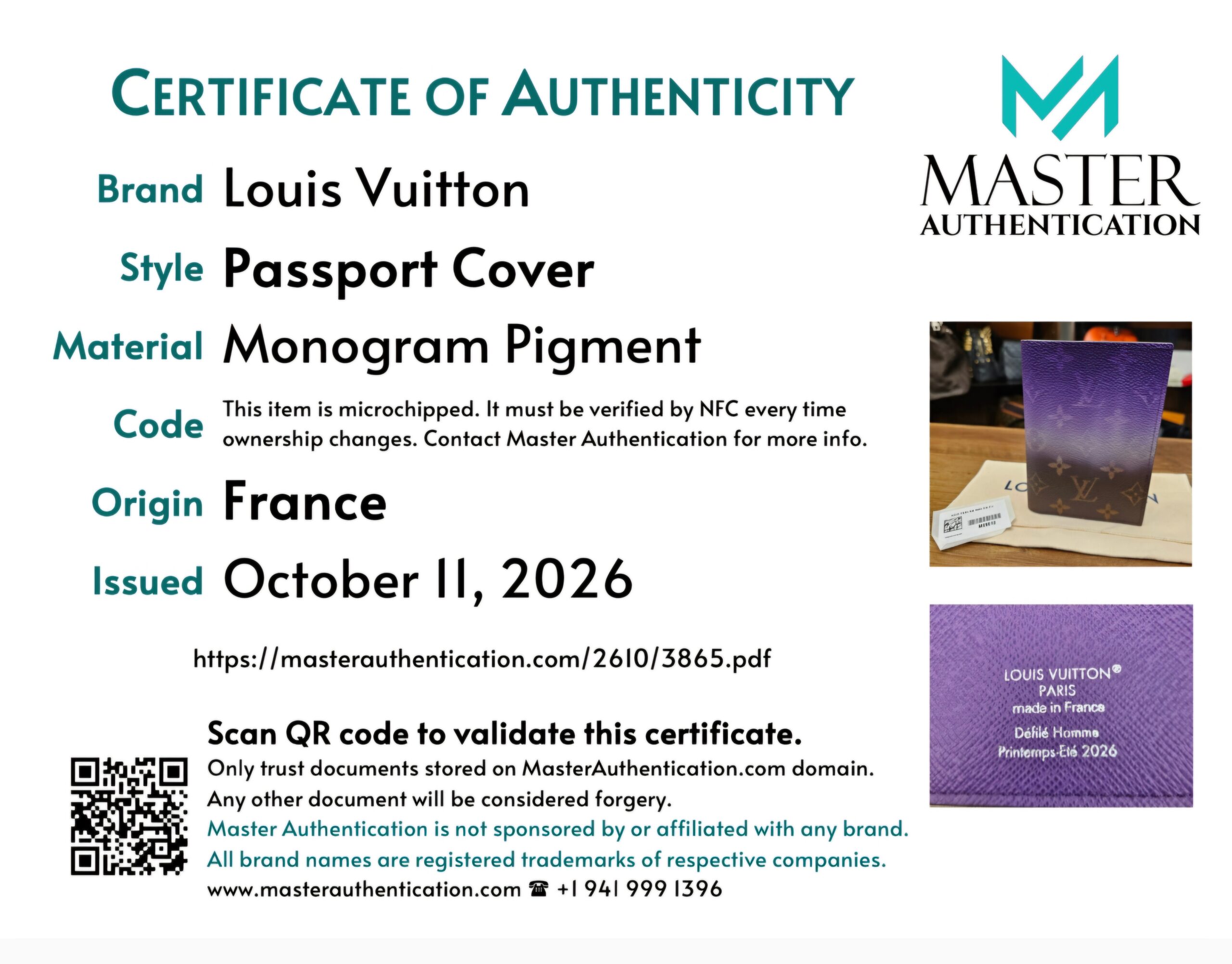 Master Authentication certificate for the Passport Cover in Monogram Pigment