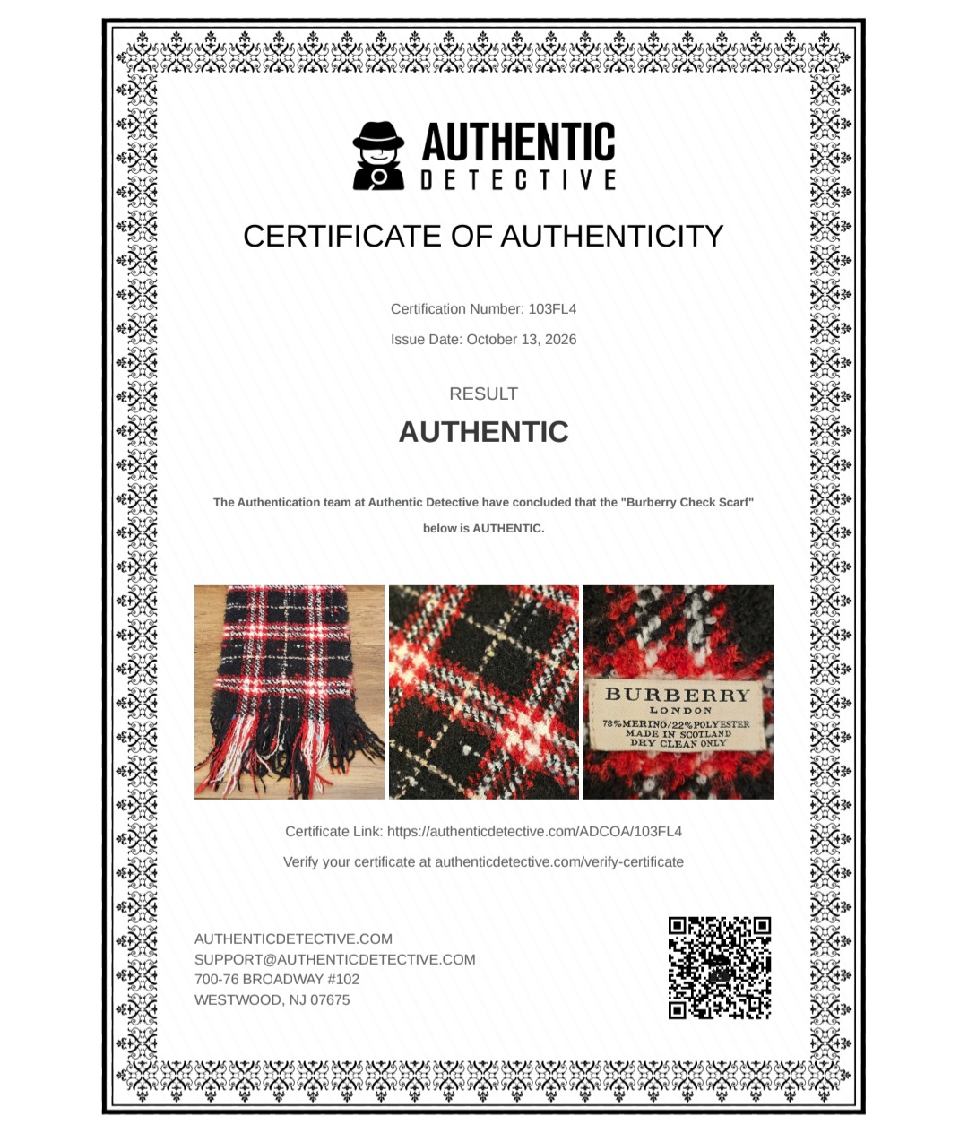 Authentic Detective certificate for the check scarf, result authentic