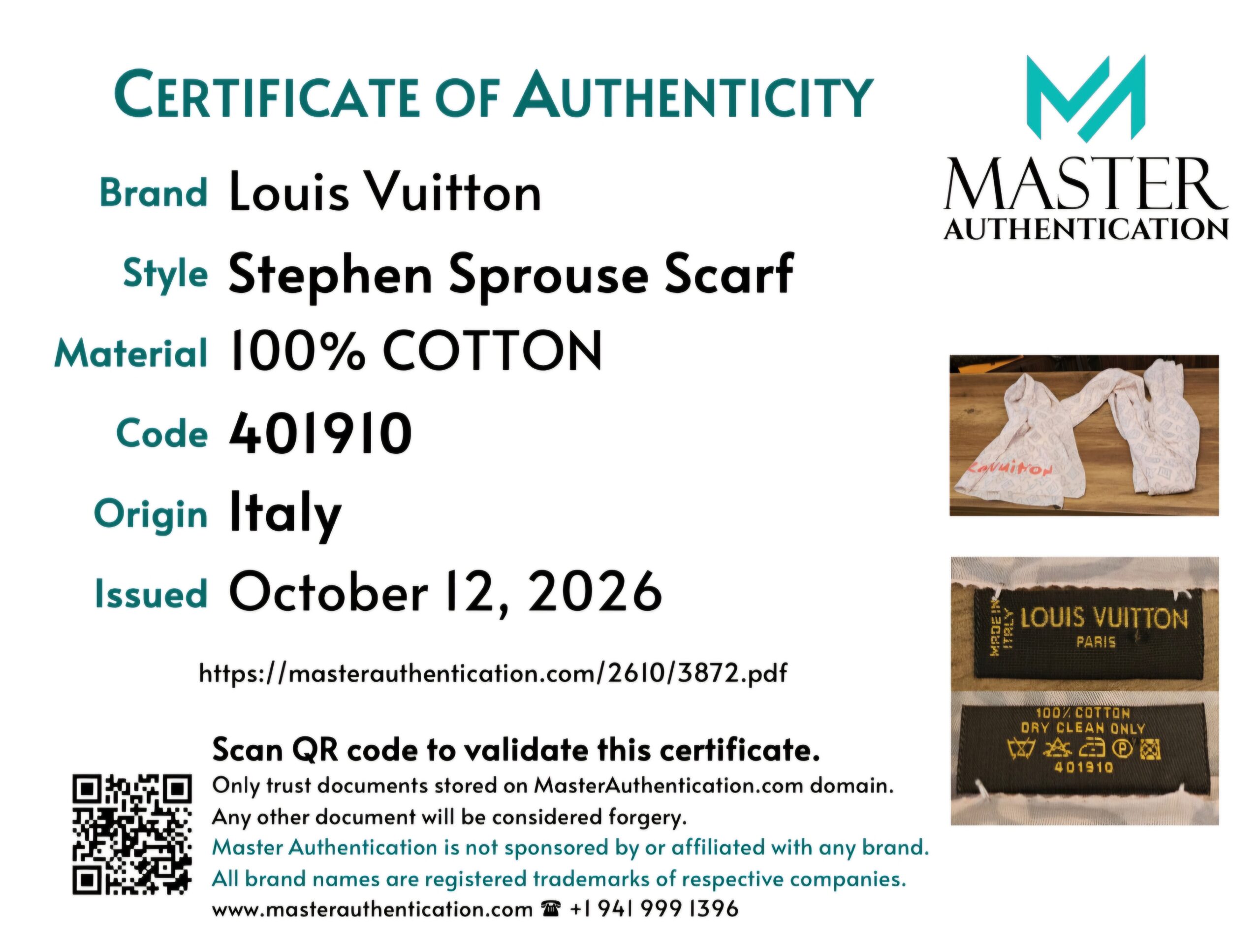 Master Authentication certificate for the Stephen Sprouse scarf, code 401910