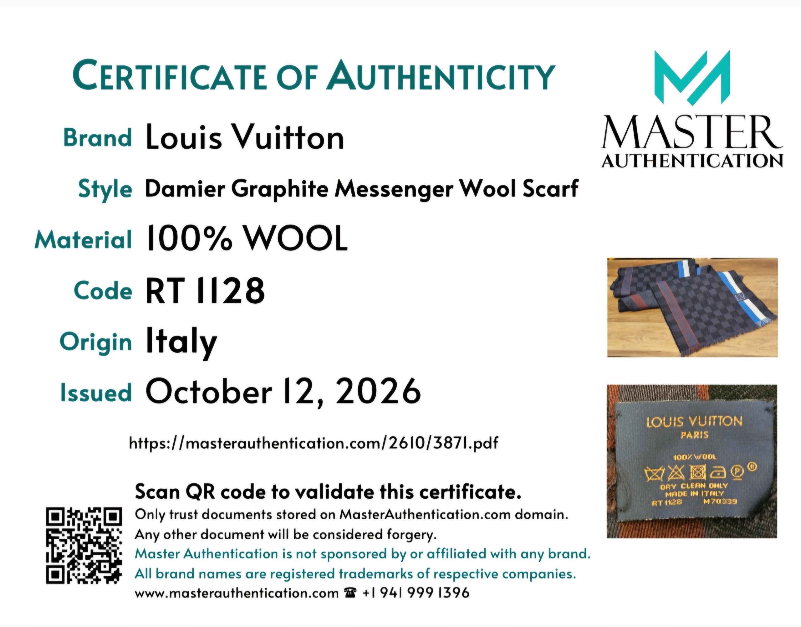 Master Authentication certificate for the Messenger wool scarf, code RT 1128