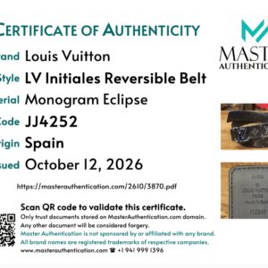 Master Authentication certificate for the reversible belt, code JJ4252