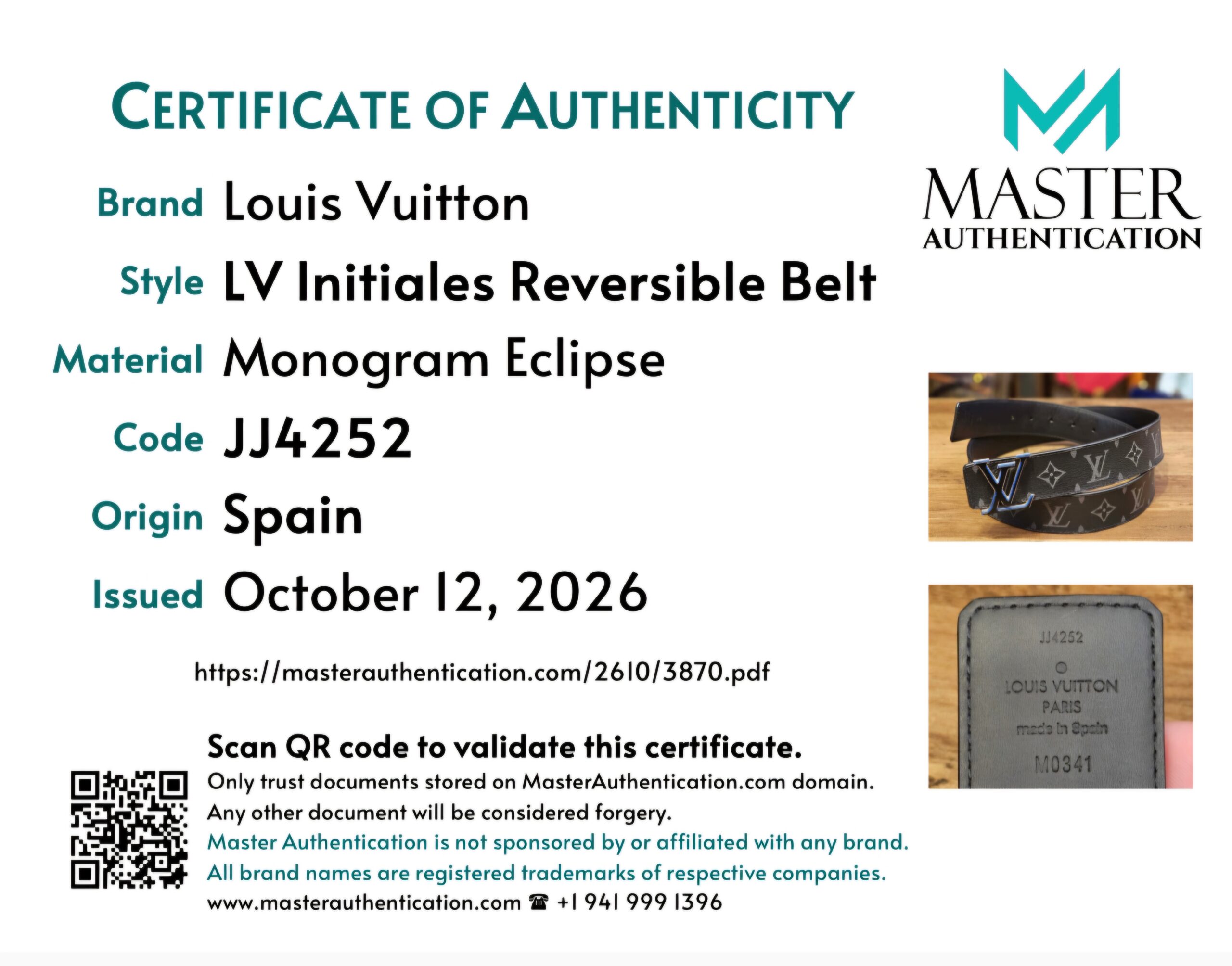 Master Authentication certificate for the reversible belt, code JJ4252