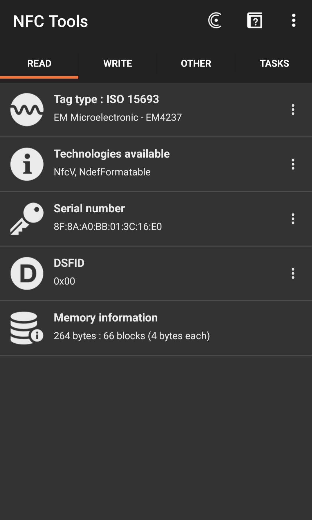NFC reader screen showing the microchip read