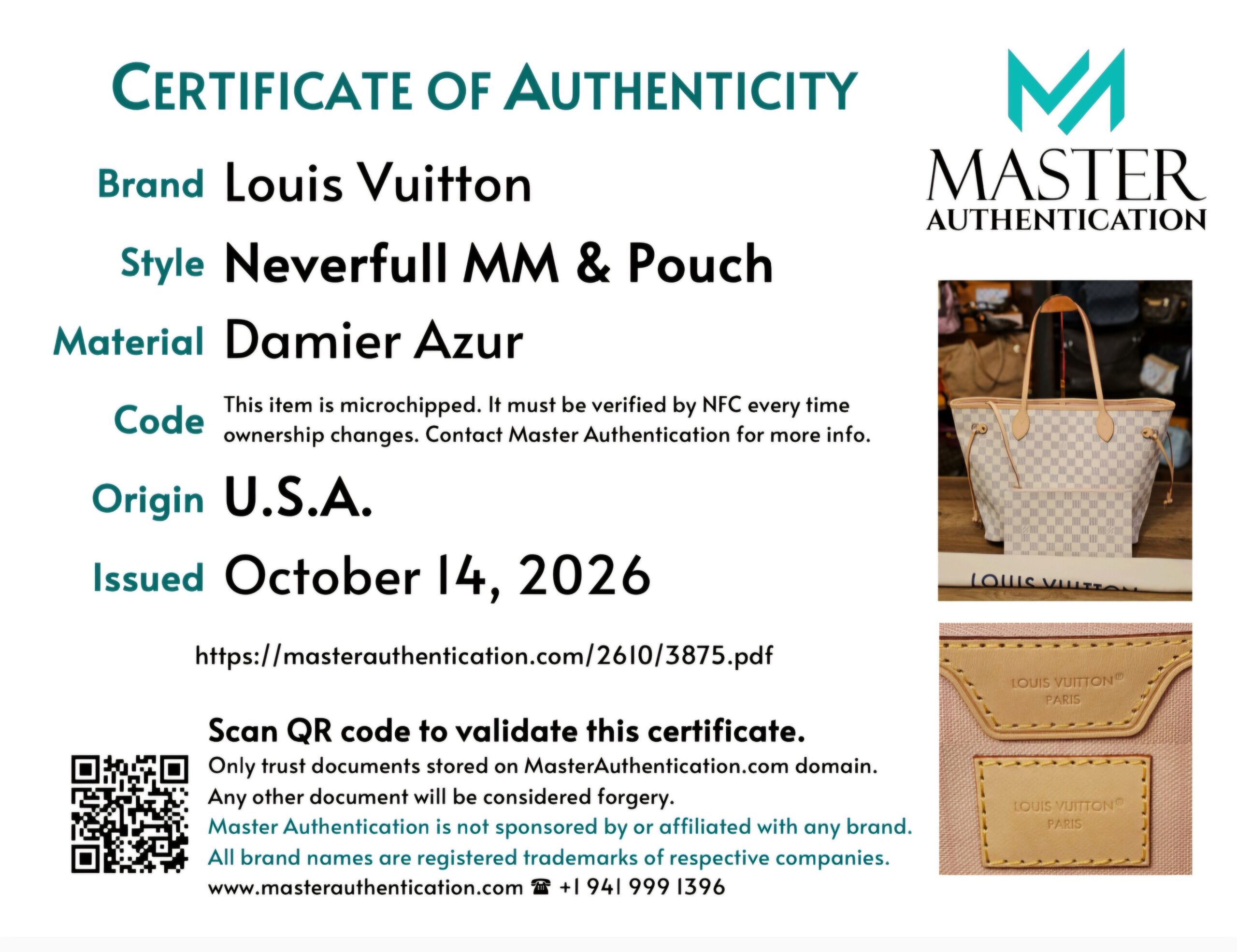 Master Authentication certificate for the Neverfull MM and Pouch, microchipped