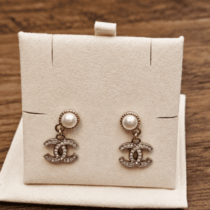 Chanel Faux Pearl and Crystal CC Drop Earrings Gold Silver - pair on an earring card with faux pearl studs and crystal CC drops