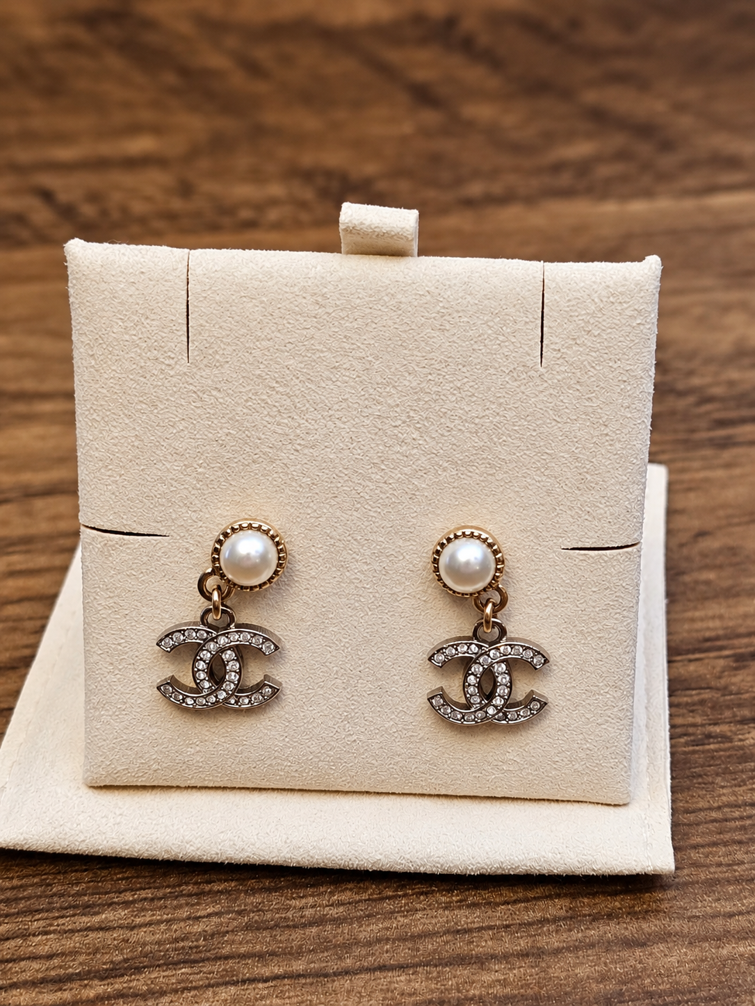 Chanel Faux Pearl and Crystal CC Drop Earrings Gold Silver - pair on an earring card with faux pearl studs and crystal CC drops
