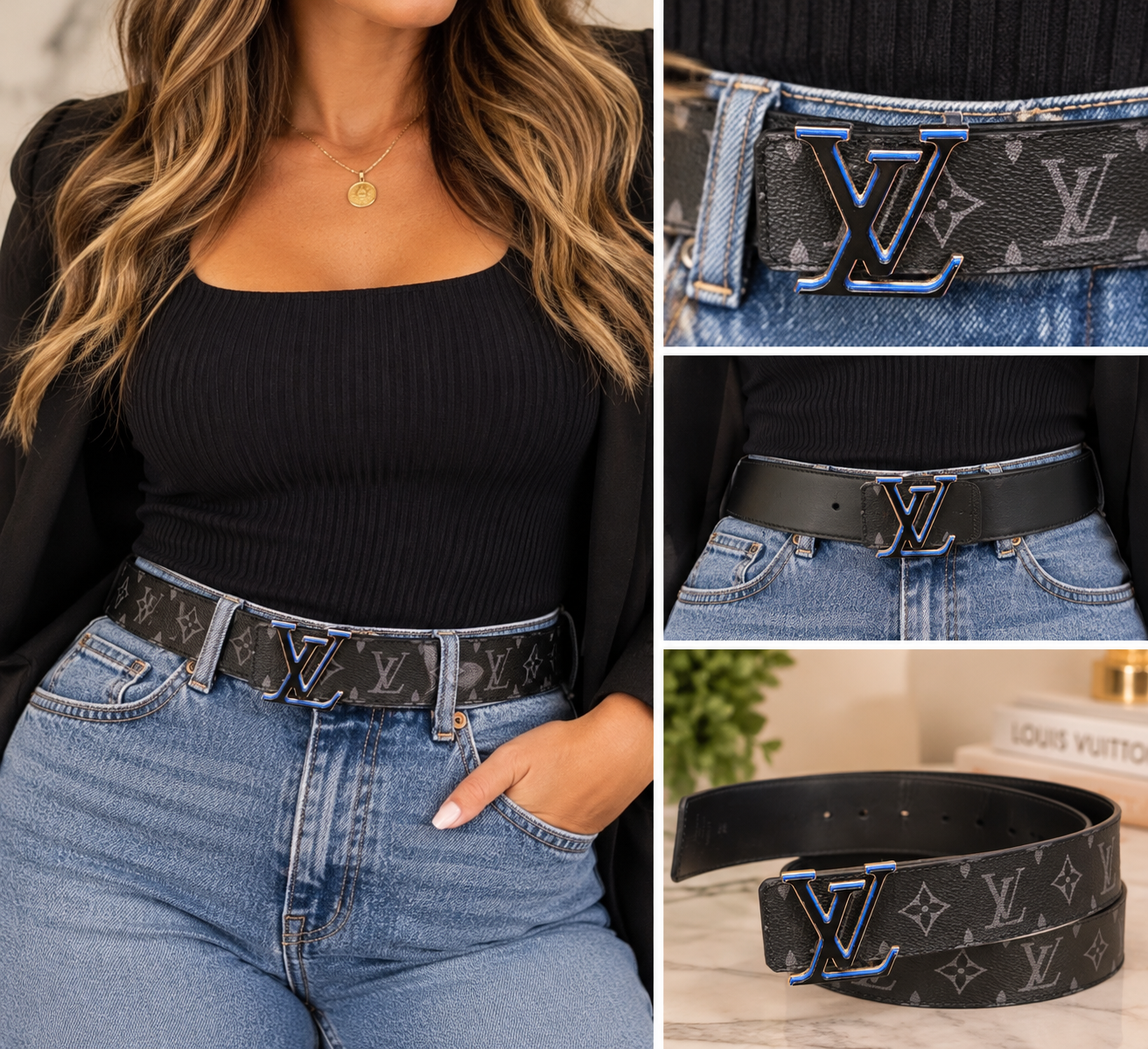 Styling collage of the belt worn with jeans