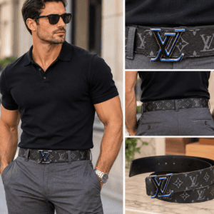 Styling collage of the belt worn with a black polo