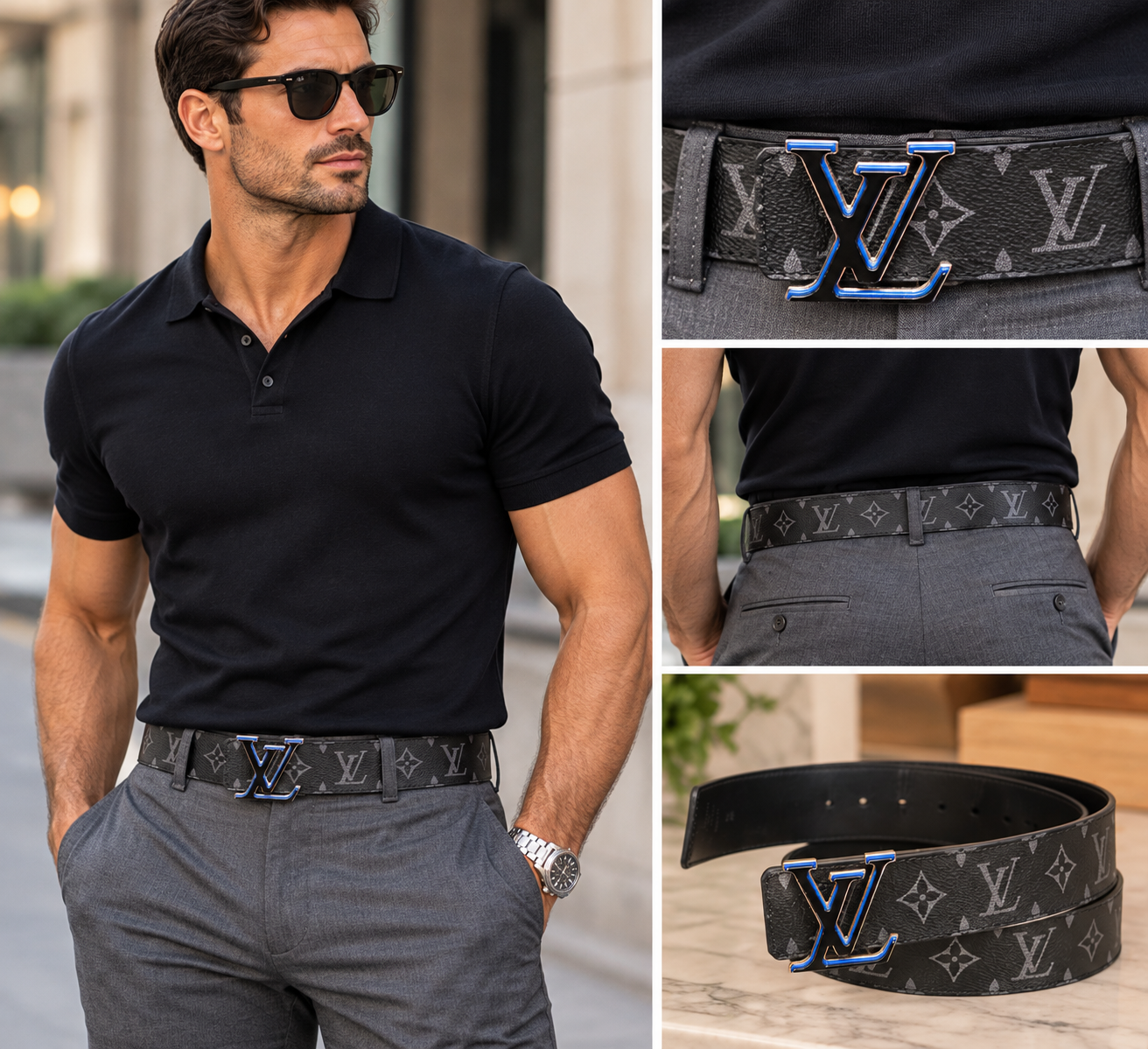 Styling collage of the belt worn with a black polo
