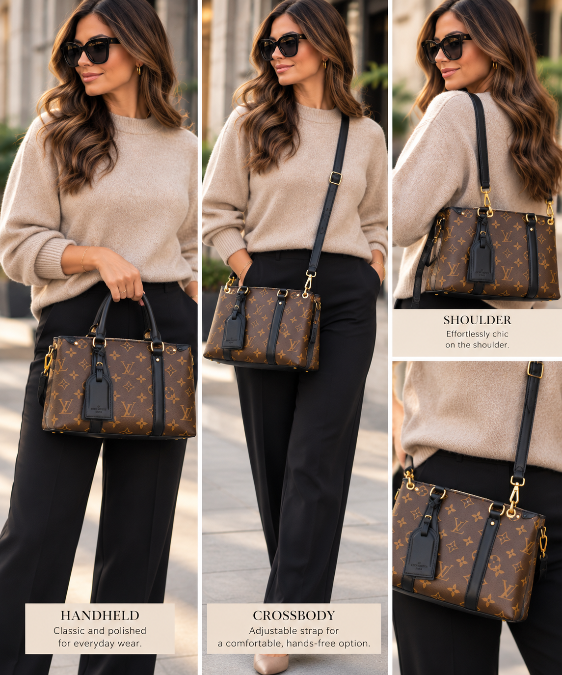 Styling images of a model carrying the bag by hand, crossbody and on the shoulder