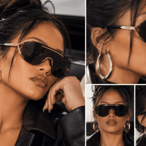Styling images of a model wearing black and gold shield sunglasses