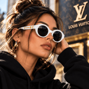 Styling image of a model wearing round white sunglasses